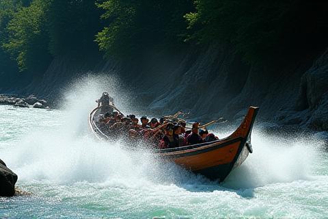 Traditional Hozugawa Kudari boat navigating rapids